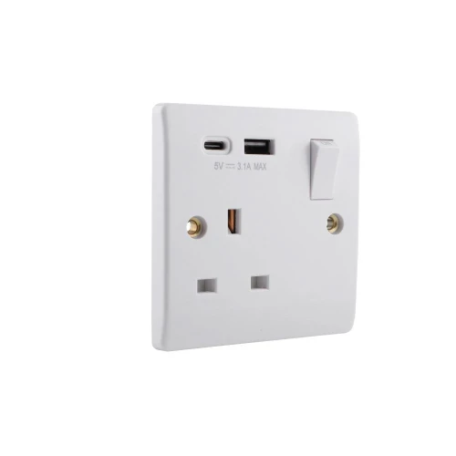 13A 250V 1Gang Single Pole Switched Socket with 5V 3.1A USB-A+C Port 15W Fast Charging