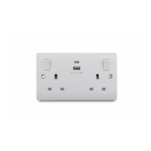 13A 250V 2 Gang Switched Socket with 5V 3.1A USB-A+C Port 15W Fast Charging