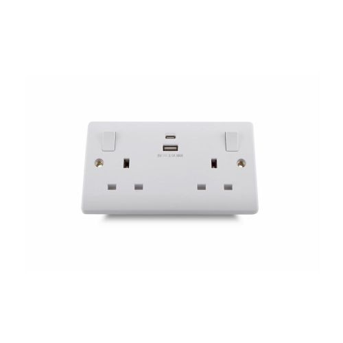 13A 250V 2 Gang Switched Socket with 5V 3.1A USB-A+C Port 15W Fast Charging