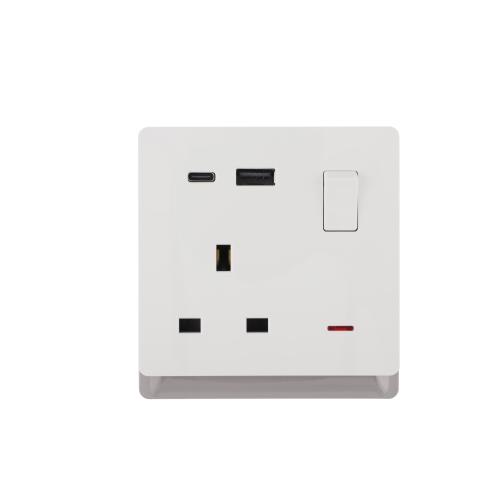 13A 250V~ 1 Gang Double Pole Switched Socket with Neon + Type A&C 2.1A USB (PC Panel, 4 Colors)