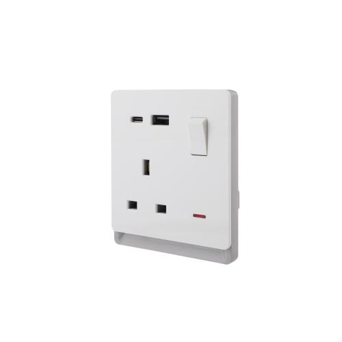 13A 250V~ 1 Gang Double Pole Switched Socket with Neon + Type A&C 2.1A USB (PC Panel, 4 Colors)