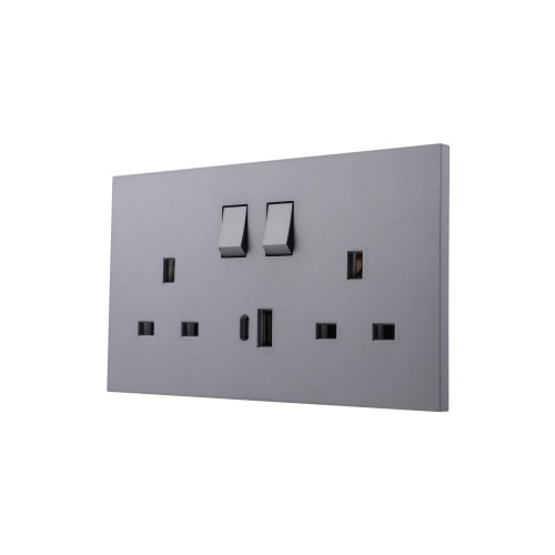 Ultra-thin Baby-skin Feeling UK/British Standard 2 Gang Single Pole Switched Socket + Type A&C 2.1A USB, SP 13A 250V~ 50Hz (PC Panel, 4 Colors)