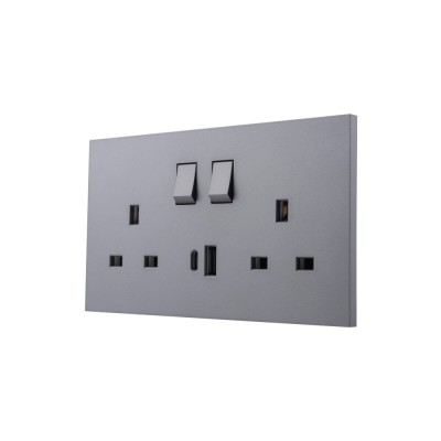 Ultra-thin Baby-skin Feeling UK/British Standard 2 Gang Single Pole Switched Socket + Type A&C 2.1A USB, SP 13A 250V~ 50Hz (PC Panel, 4 Colors)