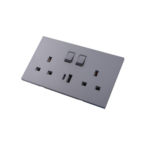 Ultra-thin Baby-skin Feeling UK/British Standard 2 Gang Single Pole Switched Socket + Type A&C 2.1A USB, SP 13A 250V~ 50Hz (PC Panel, 4 Colors)