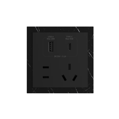 86 Type 10A 250V Five-hole Electrical Wall Socket with USB A+C Ports Outlets 45W Fast Charing Stone Material Frame