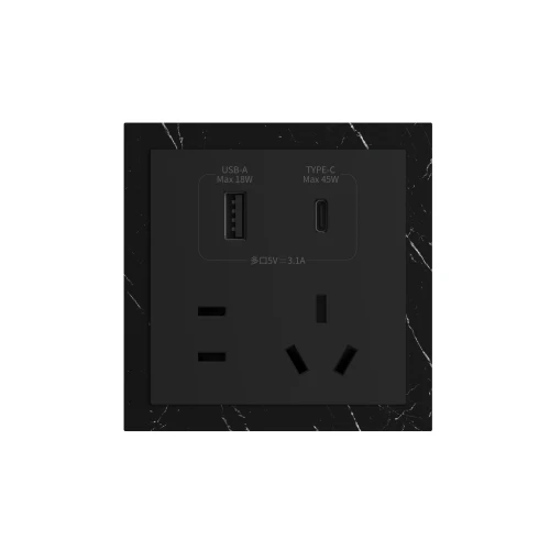 86 Type 10A 250V Five-hole Electrical Wall Socket with USB A+C Ports Outlets 45W Fast Charing Stone Material Frame