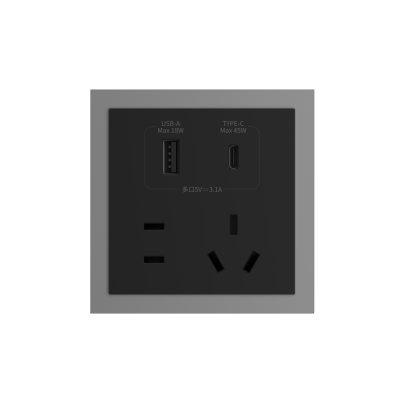 86 Type 10A 250V Five-hole Electrical Wall Socket with USB A+C Ports Outlets 45W Fast Charing Aluminum Frame
