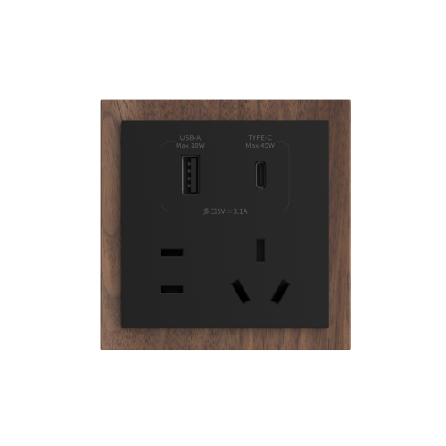 86 Type 10A 250V Five-hole Electrical Wall Socket with USB A+C Ports Outlets 45W Fast Charing Black Walnut Wood Frame