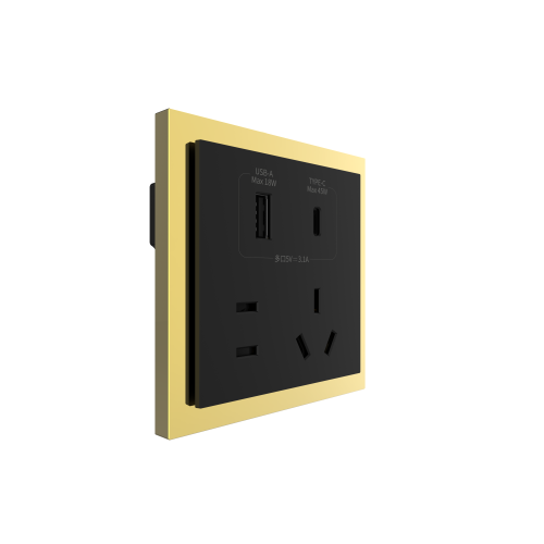 86 Type 10A 250V Five-hole Electrical Wall Socket with USB A+C Ports Outlets 45W Fast Charing Stainless Steel Gold Plated Frame