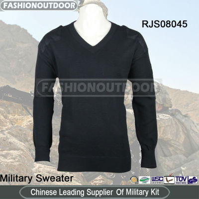 Wool Black V-Neck Military Sweater/Pullover