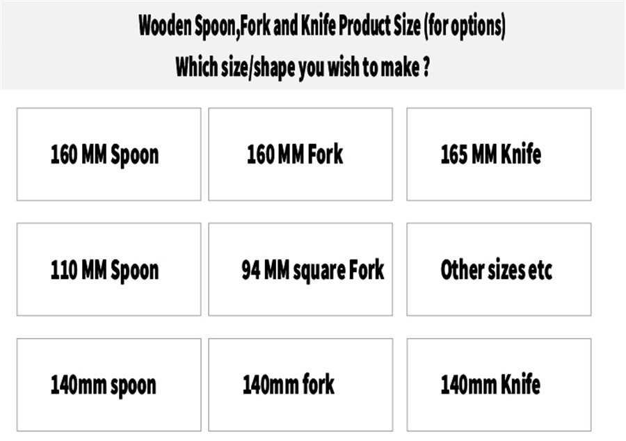 Wooden spoon,fork and knife sizes