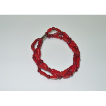 Simple red coral three-string beaded&pebble bracelet