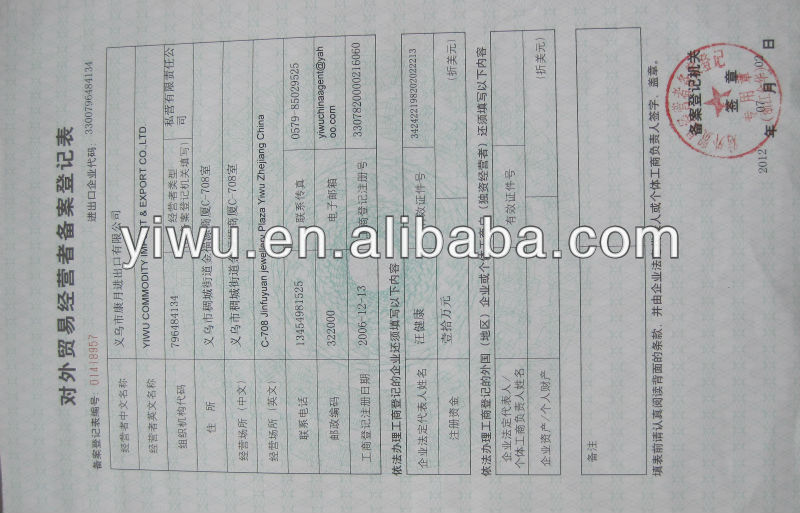 Export Agent Business Licence ( YIWU COMMODITY IMPORT AND EXPORT CO., LTD.)