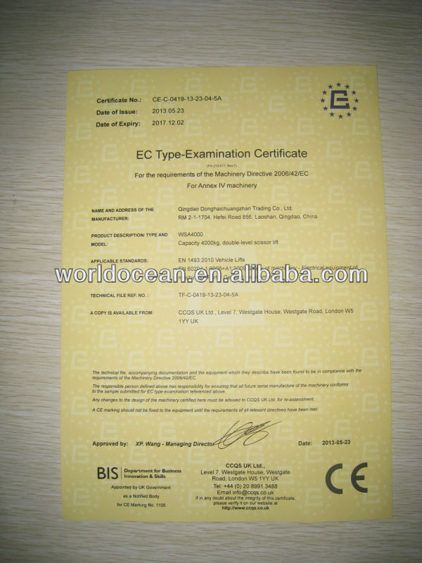 scissor car lift WSA4000 with CE certification
