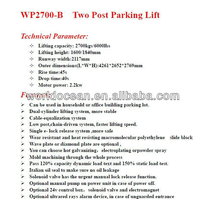 2.7T----Two post parking lift Cheaper