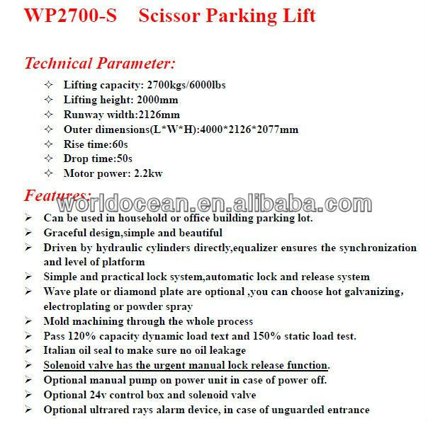 2.7T/Scissor Car Parking Lift WP2700-S