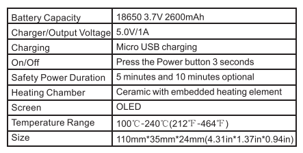 XMAX STARRY V3 VAPORIZER SPECIFICATIONS