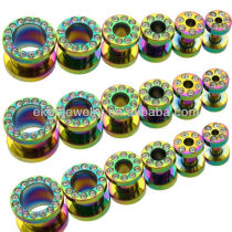 Clear Gem Paved Steel Rainbow Titanium Anodized Ear Tunnel 1.6mm-8mm Mixed Sizes Tunnel Piercing Free Shipping