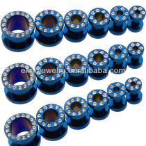 Clear Gem Paved Steel Blue Titanium Anodized Ear Tunnel 1.6mm-8mm Mixed Sizes Tunnel Piercing Free Shipping