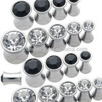 Black and Clear Gem Flared Ear Plug Body Jewelry CZ Steel Saddle Plug 3mm-8mm Mixed Sizes