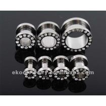 Clear Gem Paved Steel Ear Tunnel 1.6mm-12mm Mixed Sizes Flesh Tunnel Free Shipping Wholesale Body Jewelry