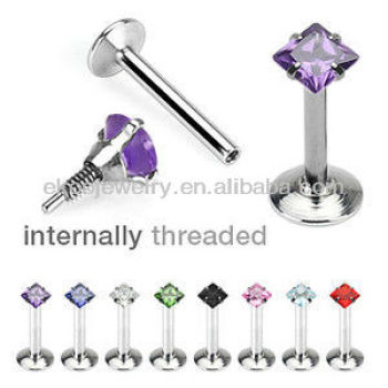 16 Gauge Internal Threaded Square CZ Prong Set Monroe Labret 1.2*8*3mm Lip Ring Mixed 3 Colors