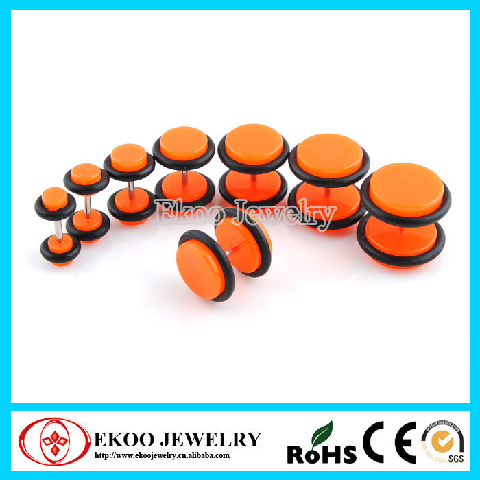14042652T Neon Orange Acrylic Cheater Plug with O-Rings Fake Tunnel Earrings