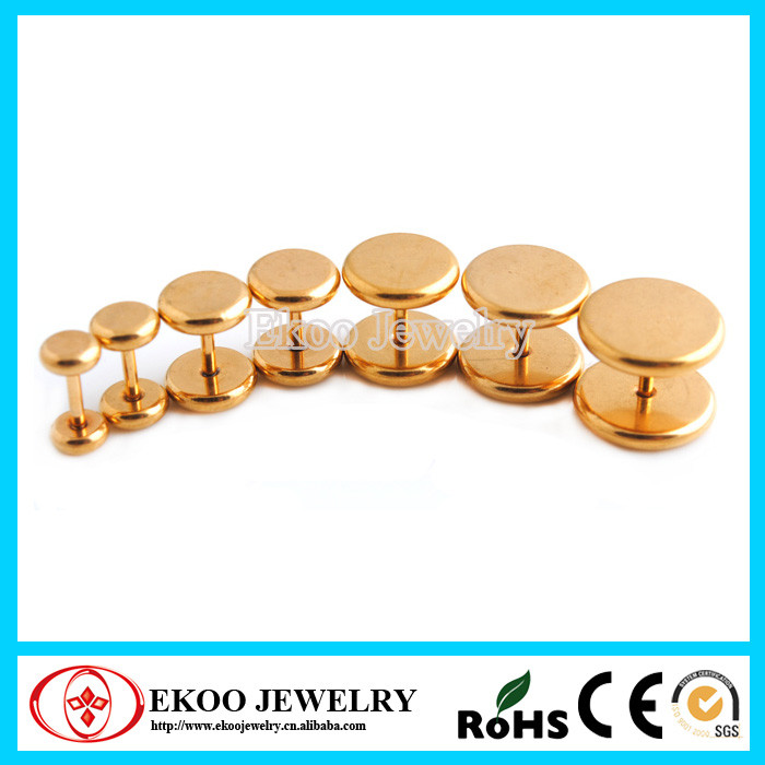 14032204T Gold Titanium Anodized Round Edge Fake Plug Earrings
