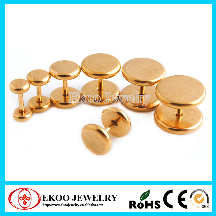14032206T Gold Titanium Anodized Round Edge Fake Plug Earrings