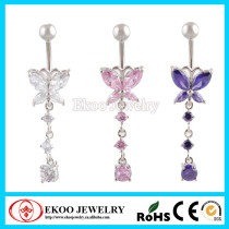 Butterfly with One Drop CZ Dangle Diamond Belly Button Ring