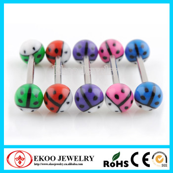 316L Surgical Steel Barbells with Colored Ladybird UV Balls Barbell Tongue Rings