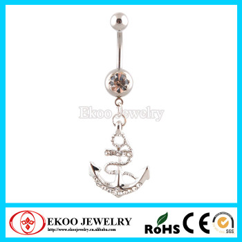 316L Surgical Steel Gemmed Anchor Hanging Belly Button Rings