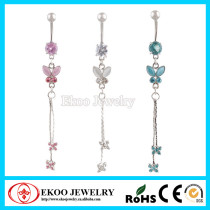 Butterfly with Two Falling Flowers CZ Dangle Belly Ring