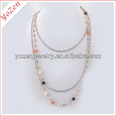 Charming rice shape freshwater pearl and stone chian long pearl necklace designs