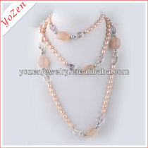 Charming pink freshwater pearl and stone long pearl necklace designs
