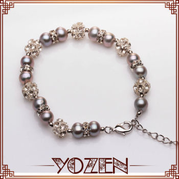 beautiful new design white crystal and grey color freshwater pearl bracelet 2013