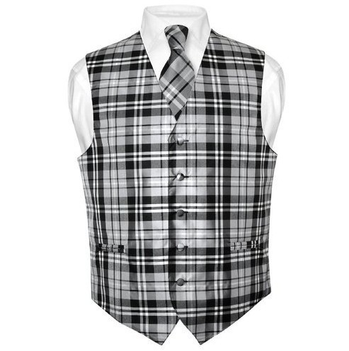 Men's Plaid Design Dress Vest NeckTie Black Gray White Neck Tie Set