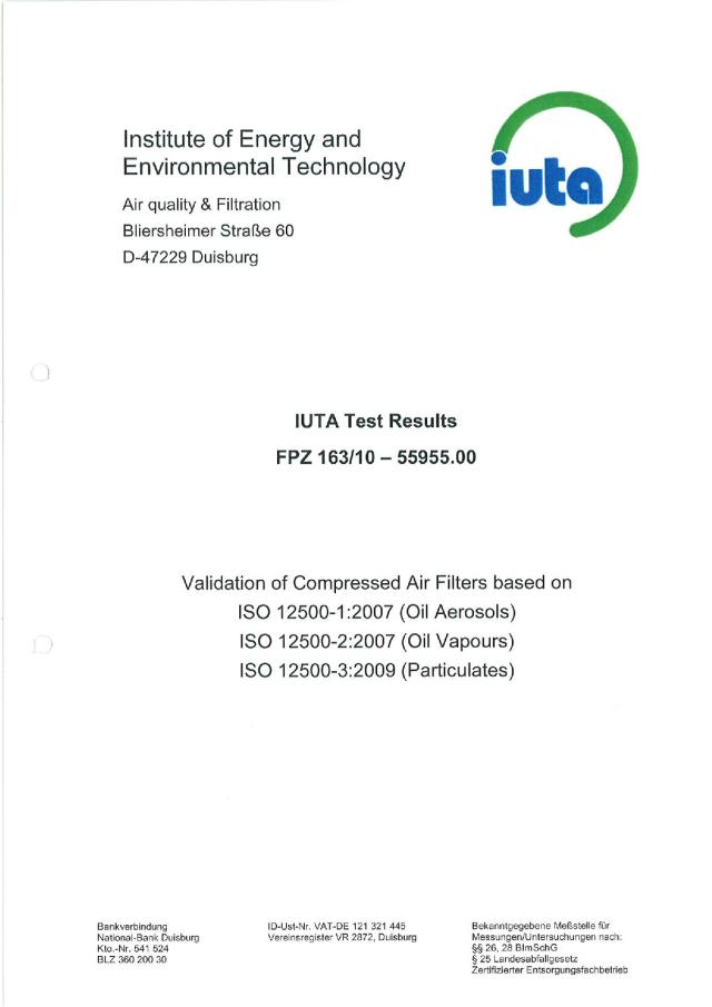 德国IUTA压缩空气过滤器滤芯测试报告