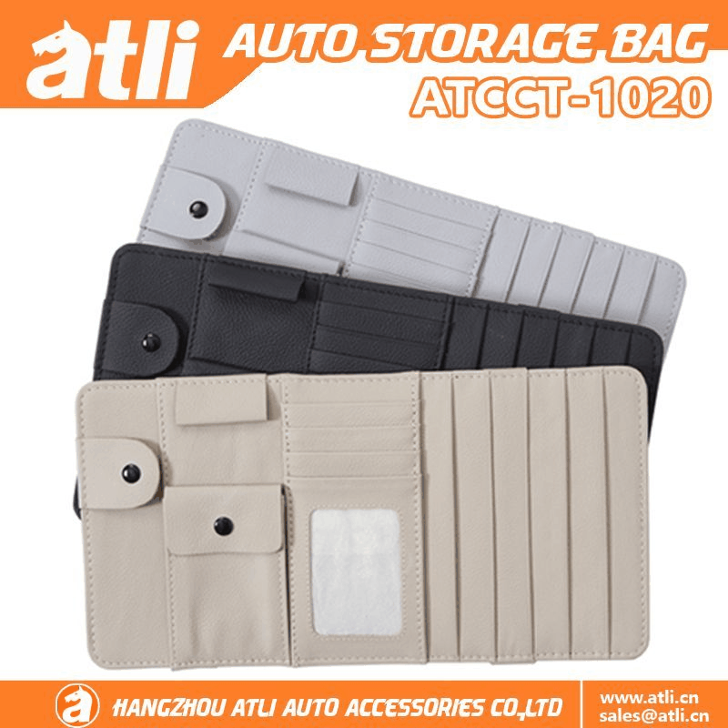 ATCCT-1020 Leather Storage Pocket Sun Visor Pouch for Cards License Registration Pen Beige/ Gray/ Black