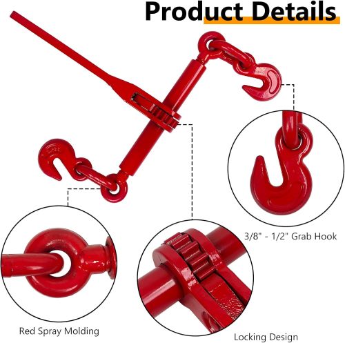 3/8" – 1/2" Ratchet Binders 9,215 LBS Secure Working Load, G70 Hooks and Adjustable Length, for Grade 70-80 Chains, Tie Down, Hauling, Towing, 4-Pack, Red