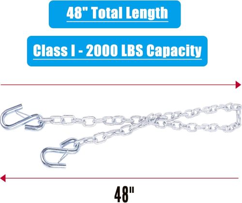 3/16'' x 48''Trailer Safety Chain with 2 Latches S Hook,2,000Lbs Capacity,G30,Secures Tow Vehicle to Trailer