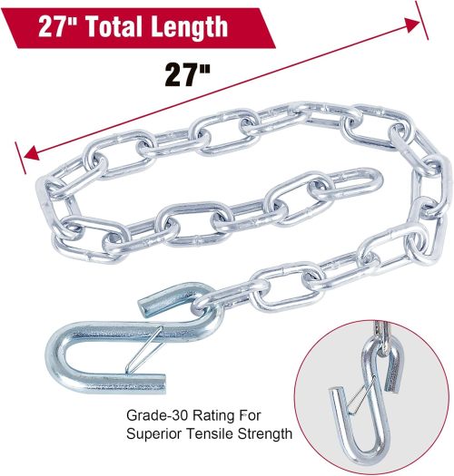 3/16" X 27" 2PCS Grade 30 Trailer Boat Gooseneck Safety Chain with Spring Clips with One S Hook