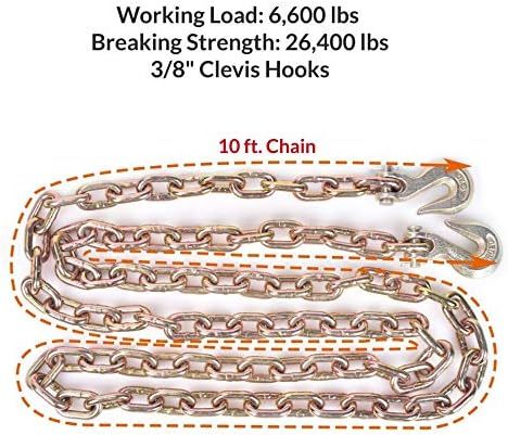 2 Pack Transport Chain with 3/8" Clevis Hooks Grade 70,3/8"x10' Heavy Duty Binding Chain