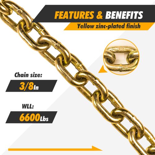 Transport Chains Grade 70 Chain 3/8'' x 10 Foot with Clevis Grab Hooks 6,600 Pound Safe Working Load Binder Chain (1Pack)