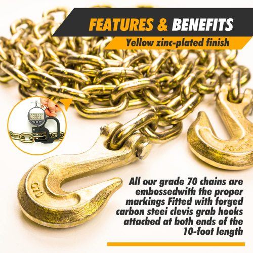 Transport Chains Grade 70 Chain 3/8'' x 10 Foot with Clevis Grab Hooks 6,600 Pound Safe Working Load Binder Chain (1Pack)