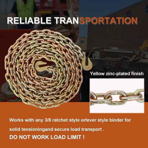 3/8 Inch x 20FT G70 Transport Binder Chain Safety/Binder Chain with Clevis Grab Hooks 7, 100 lbs Safe Working Load Logging Chain