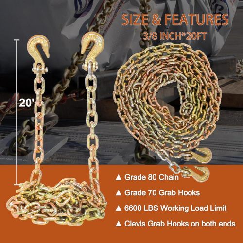 3/8 Inch x 20FT G70 Transport Binder Chain Safety/Binder Chain with Clevis Grab Hooks 7, 100 lbs Safe Working Load Logging Chain