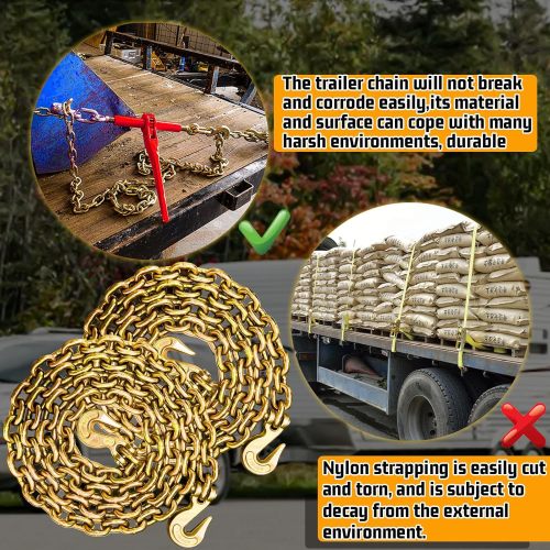 Transport Binder Chain G80-3/8 Inch×10 Foot Trailer Safety Chain Wll 7100 Lbs Working Load for Towing Lifting Log Chain with Clevis Grab Hooks Tow Truck Equipment for Tie Down