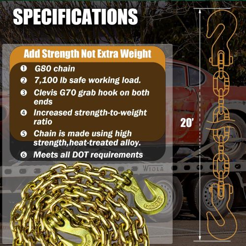 G80 Transport Binder Chain 3/8 Inch x 20 Foot | Tow Chain with Clevis Grab Hooks | 7,100 lbs Safe Working Load | Heavy Duty Chain for Transporting Towing