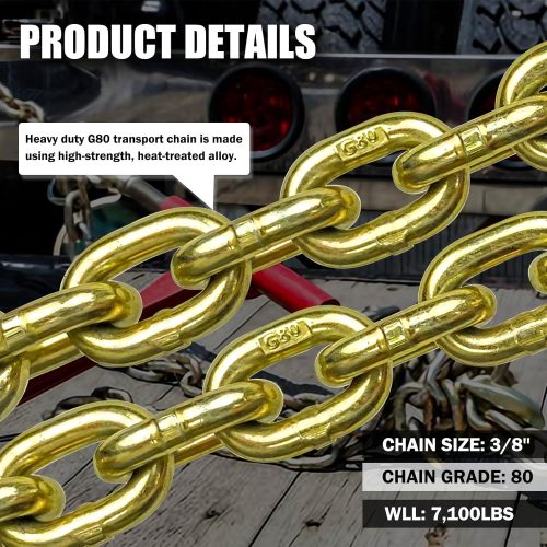 G80 Transport Binder Chain 3/8 Inch x 20 Foot | Tow Chain with Clevis Grab Hooks | 7,100 lbs Safe Working Load | Heavy Duty Chain for Transporting Towing